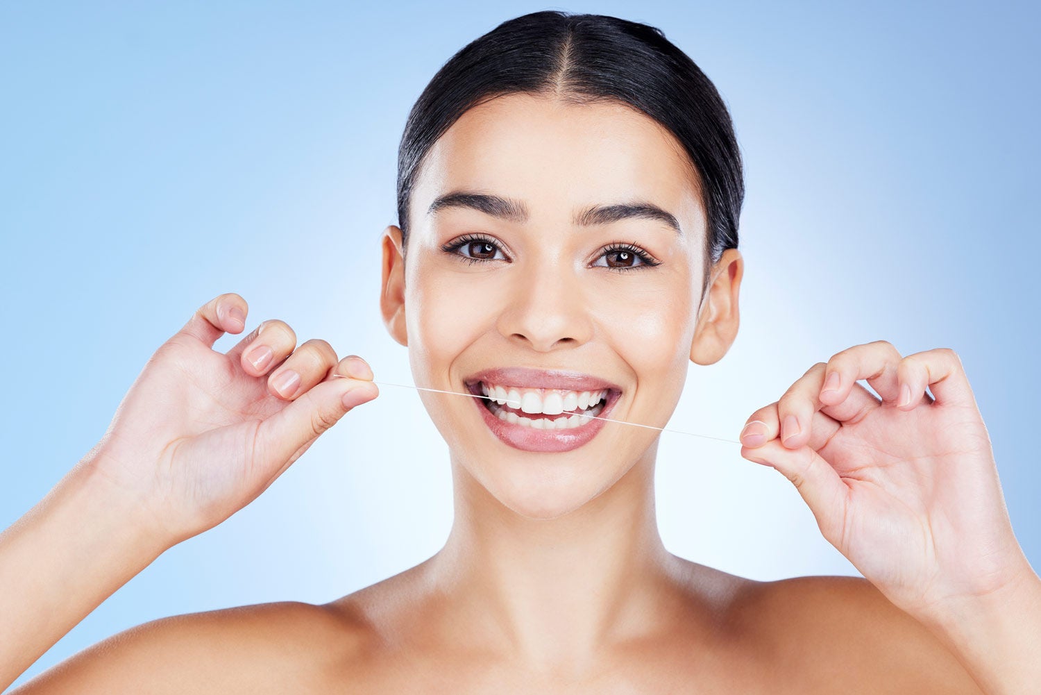 2263058307 face flossing teeth hygiene woman dental