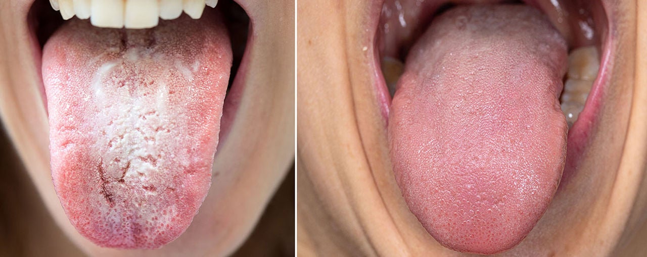 closeup womans tongue sticking out her